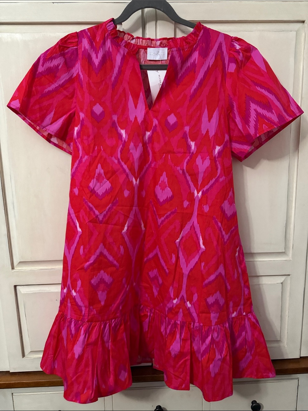 Bright Pink & Red Patterned Mini Dress - Women's